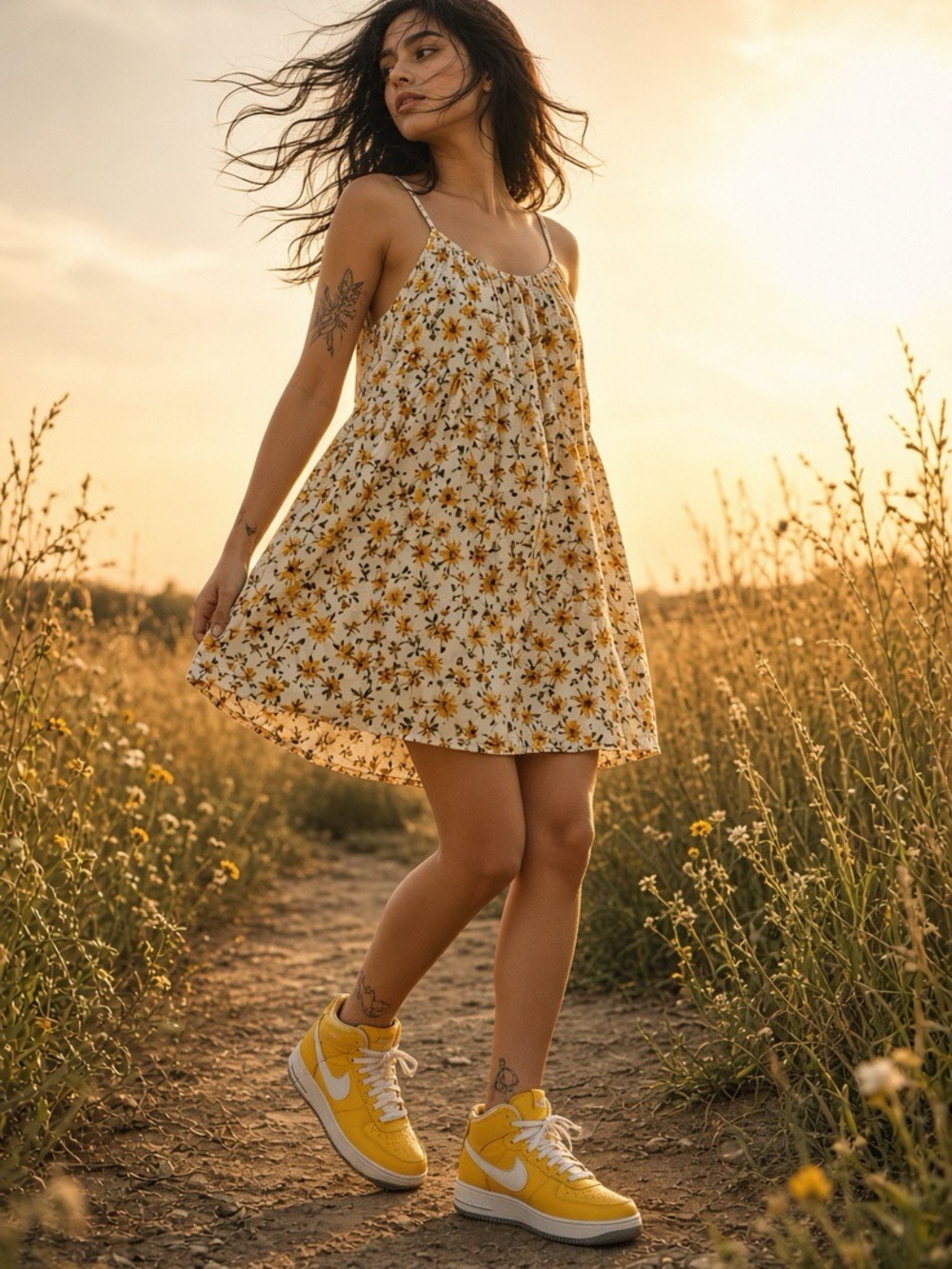 Forever 21 Yellow Floral Spaghetti-Strap Mini Dress